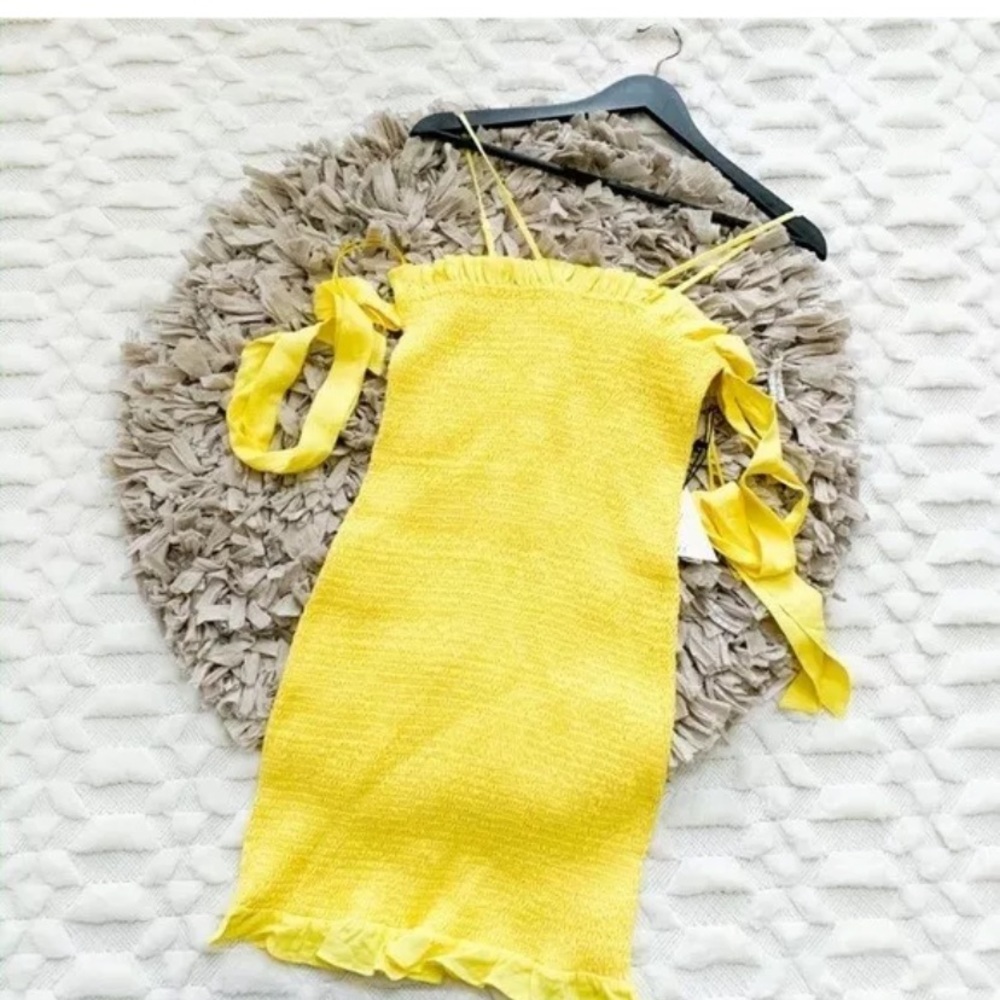 Lost + Wander Lemon Yellow smocked mini dress
